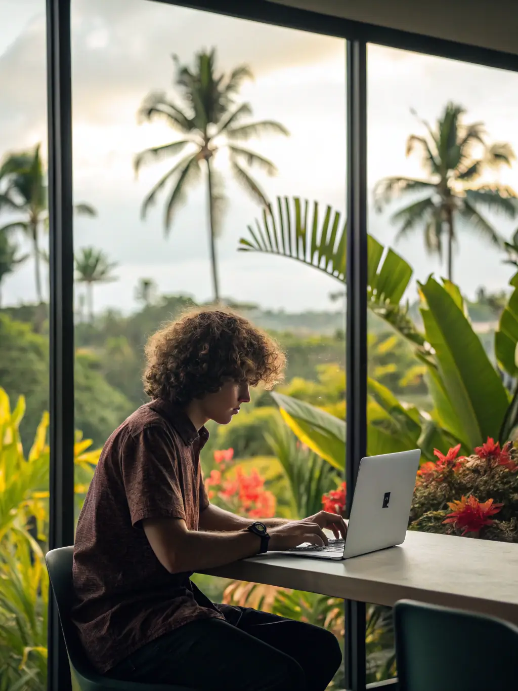 A student successfully using AI software on a laptop, with a tropical Hawaiian background visible through a window, symbolizing the blend of technology and environment.