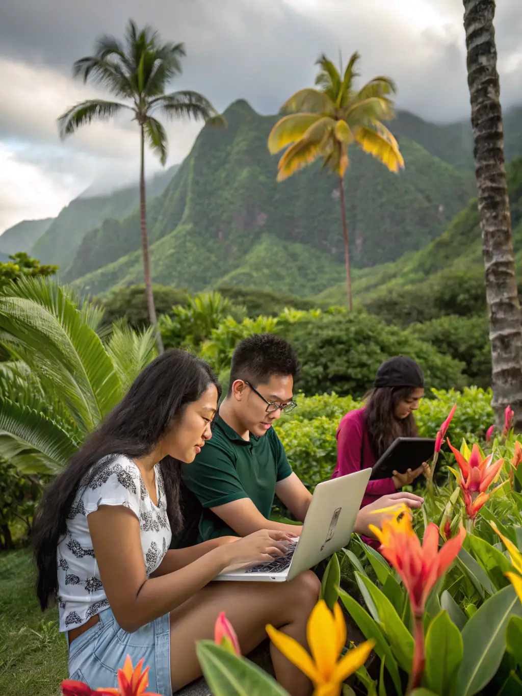 A group of students collaborating on an AI project outdoors, with lush Hawaiian scenery in the background, emphasizing the unique learning environment.