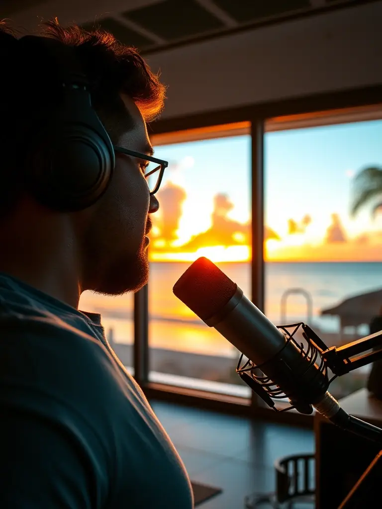 A person wearing headphones and using a microphone in a professional recording studio, with a backdrop suggesting a Hawaiian sunset.