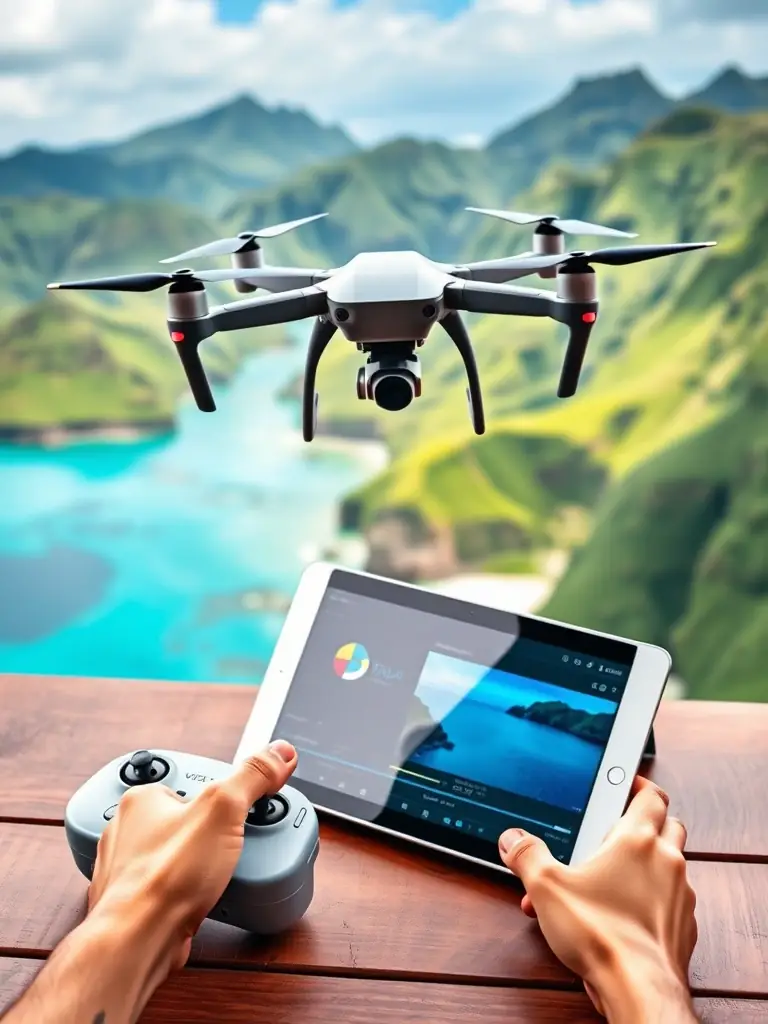 A drone filming a scenic Hawaiian landscape, with the drone's controller and a tablet displaying video editing software in the foreground.